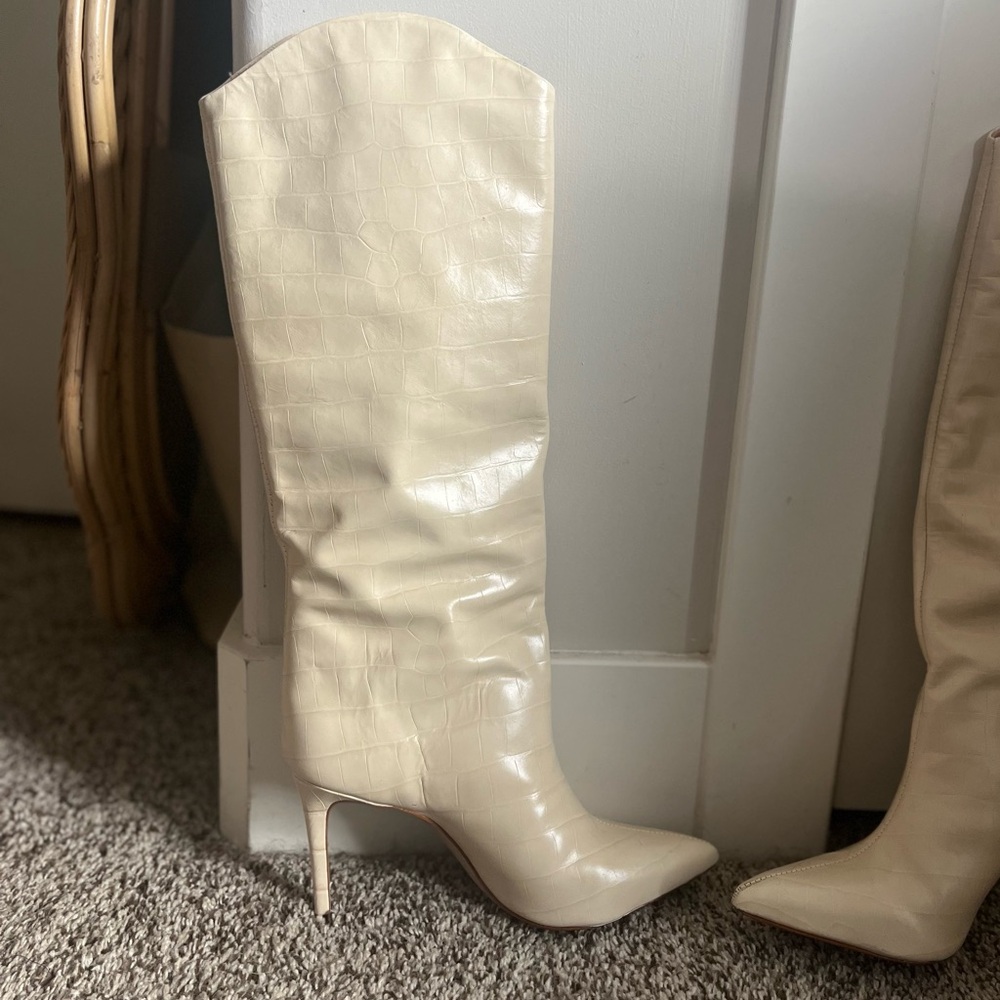 SCHUTZ Maryana Knee Boot in Cream Crocodile-Embossed Leather